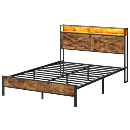 Struttura letto a grandezza naturale, Giroletto con stazione di ricarica e luci a LED, Ripiani in metallo antiscivolo, Senza rumore, Montaggio semplice, Non sono necessarie molle a scatola, Marrone rustico e nero