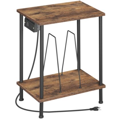 Sluttabel med rekordindehaver, Rekordafspiller står med opladningsstation, 2 Tier Record Player Table med opbevaring op til 100 albums, Drejepladser til vinyler, Stue, Rustik brun