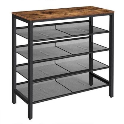 Rack de armazenamento de sapatos barato, 5-Unidade de armazenamento de sapatos de camada plana & prateleira de organizador de sapatos ajustável inclinado para 16 pares, durável e estável, para entrada, corredor, armário, dormitório, industrial, marrom rústico