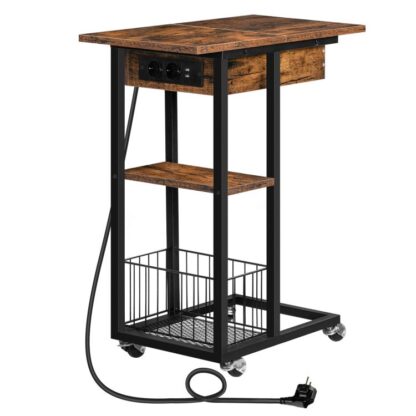 Şarj istasyonu ile C şekilli uç tablosu, USB bağlantı noktaları ve çıkışları ile flip-üst kanepe yan tablosu, tall c table end table with storage shelf for small spaces living room, yatak odası, rustik kahverengi