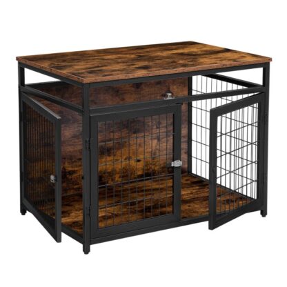 hondenbench meubelen, houten hondenbench, hondenkennels met 3 deuren binnen, Decoratieve mesh Pet krat eindtafel voor grote/middelgrote/kleine hond, kauwbestendig, Rustiek bruin en zwart