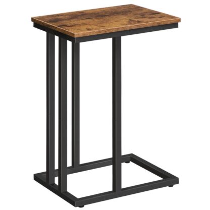 side table c shaped, sofa end table, laptop coffee snack table, for small space, living room, bedroom, slim, narrow, tall, wood look accent furniture with metal frame, rustic brown