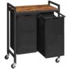 laundry hamper, laundry sorter 2 section, laundry basket with wheels, rolling cart, pull-out and removable oxford fabric laundry bags, rustic brown and black