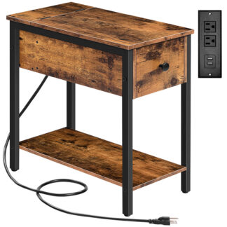 mesa auxiliar con estación de carga, mesa auxiliar estrecha, mesita de noche pequeña, mesas de noche con cajones y estantes de almacenamiento, para espacios pequeños, sala de estar, dormitorio, marrón rústico y negro