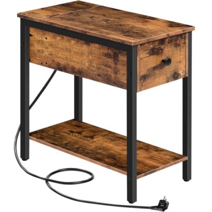 Sidebord med ladestation, Sengbord med stikkontakt og USB -port, Sofabord med skuffe, Dekorativt bord til små rum, Stue, Soveværelse, Mørkebrun
