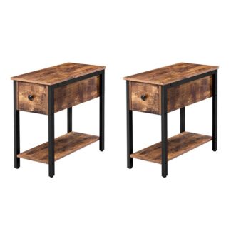 Ensemble de 2 Table d'extrémité étroite, 2-Table de chevet à niveaux avec tiroir et étagère, Table d'appoint pour petits espaces, Stable et robuste, Table d'appoint aspect bois dans la chambre, Brun rustique et