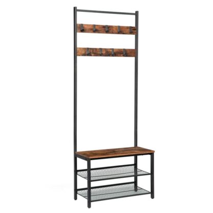 coat rack, hall tree entryway shoe bench, storage shelf organizer with 9 flexible hooks, wood look accent furniture with metal frame, easy assembly, industrial design, rustic brown