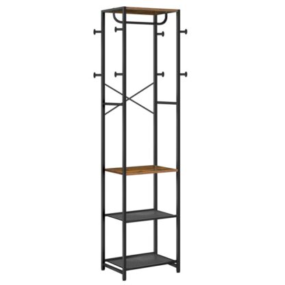 Coat Stand, Coat Rack Stand, Freestanding Coat Rack with 3 Shelves and 8 Hooks, Clothes Rack, Hall Tree for Bedroom, 40 x 28 x 181 cm, for Entryway, Industrial, Rustic Brown and Black