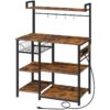 Rack da cucina con presa di corrente, Bar, Supporto per forno a microonde con cestello in rete, Stazione del caffè con 4 Gancio a forma di S, Mensola della cucina, per la cucina, Soggiorno, Marrone rustico