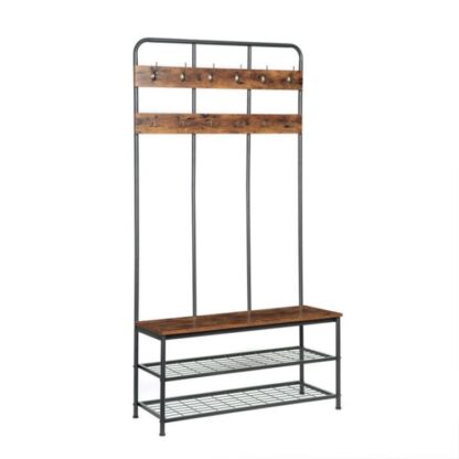 Hall tre med benk, inngangsbenk med frakkstativ, Mud Room Bench med 12 Doble kroker og lagringsbenk, pels tre, Shoe Rack -arrangør, for foajé, inngangsdør, rustikk brun