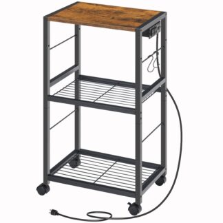 Rustiek bruin 3-tier printerstandaard, Printerstandaard met laadstation, Industriële printer bijzettafel met houten bureaublad, Printer, Scanner, Faxopslagorganisator
