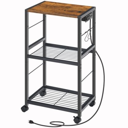 Rustic Brown 3-Tier Printer Stand, Printer Stand with Charging Station, Industrial Printer Side Table with Wood Desktop, Printer, Scanner, Fax Storage Organizer