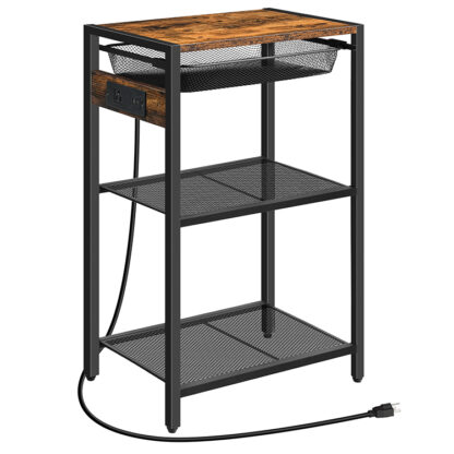 Tall End Table with Charging Station, Industrial Telephone Table with Adjustable Metal Storage Basket, High Side Table Nightstand for Living Room, Bedroom, Office, Rustic Brown