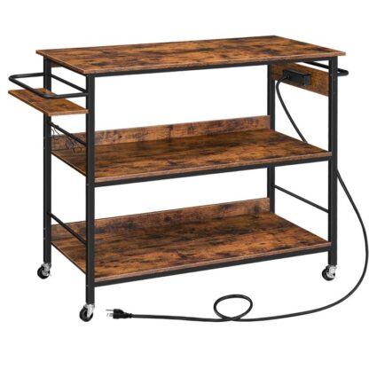 Konyha -sziget erőteljesítménygel, 43.3" L X 19.7" W X 38.1" H, Konyhai tároló állvány fűszerező polcokkal, konyhai kocsi 4 horgok, konyhához, ebédlő, rusztikus barna és fekete