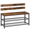coat rack shoe bench set, entryway shoe rack with coat hooks, coat hat bag hanging organizer, industrial design, easy assembly, rustic brown and black