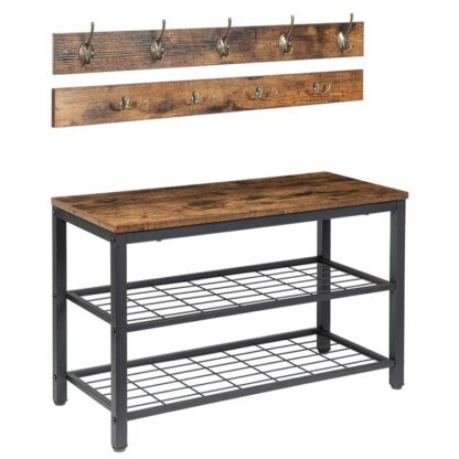 Frakkstativ Skobenksett, Entryway skostativbenk med kleskroker, Hall Tree klesstativ, Mud Room Benk, Hatt Bag Hengende Organizer, Industriell, for foajeen, Inngangsdør, Rustikk brun