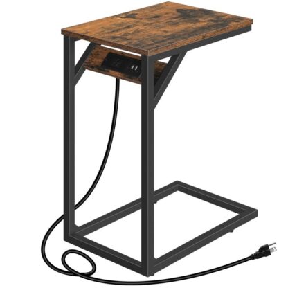 Industriële C -vormige eindtafel met laadstation, Retro rustiek bruin en zwarte kleine bank bijzettafel, Smal nachtkastje voor kleine ruimte, Woonkamer, Slaapkamer