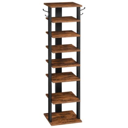 sapateira de madeira, sapateira alta, Organizador de armazenamento de calçados estreitos com 2 ganchos, prateleira de sapato esbelto, Torre de sapato vertical para entrada, sala de estar, corredor, industrial, marrom rústico