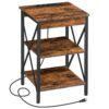 Endebord med ladestation og USB-porte, 3-Tier sidebord, Industriel natbord med X-formet jernramme, Robust og stabil, til stuen, Soveværelse, Rustik brun