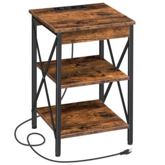 Sluttbord med ladestasjon og USB -porter, 3-Tier sidebord, Industriell nattbord med X-formet jernramme, Solid og stabil, for stue, Soverom, Rustikk brun