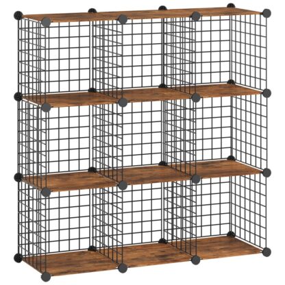 Kocka tároló szervező, Huzalkocka tárolás, 9-Cube Metal Grid tároló polc, Moduláris szekrény, DIY Cube könyvespolc, a Nappalihoz, Hálószoba, Tanulmány, Rusztikus barna és fekete