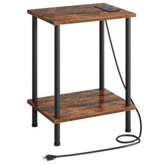 table d'appoint avec station de recharge, Table finale avec les ports USB et les sorties, Nightand avec étagères de rangement à 2 couches pour petits espaces, salon, chambre à coucher, cadre stable, marron rustique