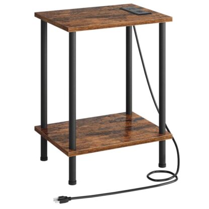 side table with charging station, end table with usb ports and outlet, nightstand with 2-layer storage shelves for small spaces, living room, bedroom, stable frame, rustic brown