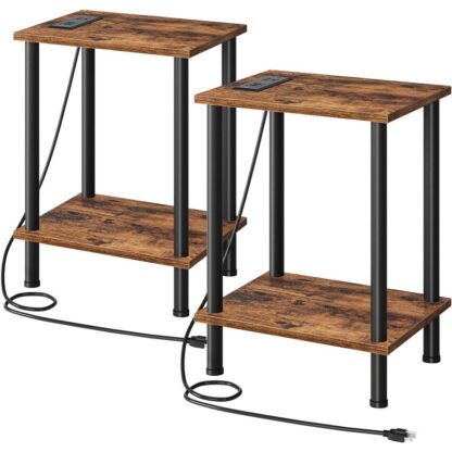 Table latérale / fin avec station de charge, Ensemble de 2 avec les ports et les sorties USB, Table de chevet avec étagères de rangement à 2 niveaux pour les petits espaces, Salon, Chambre à coucher, Brun rustique