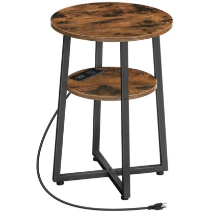 okrúhly stôl s nabíjacou stanicou, 2-Tier okrúhly koncový stôl s robustným kovovým rámom v tvare X, 21.7" h okrúhly nočný stolík, do obývacej izby, spálňa, balkón, úrad, rustikálny hnedý