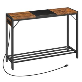Tavolo consolle, Tavolino da divano stretto con stazione di ricarica, Dietro il tavolino con prese di corrente & Porte USB, per l'ingresso, Corridoio, Soggiorno, Foyer, Marrone rustico e nero