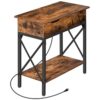 emelje fel a felső végét töltőállomással, narrow nightstand with usb ports & nagy teljesítményű aljzatok, X alakú oldalsó asztal, tartós és stabil, irodában, nappali, hálószoba, rusztikus barna