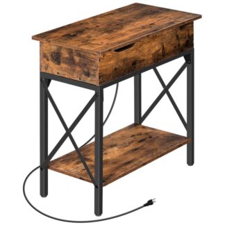 Løft toppbord med ladestasjon, narrow nightstand with usb ports & strømuttak, X-formet sidebord, holdbar og stabil, for verv, stue, soverom, rustikk brun