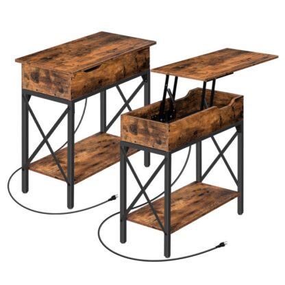 набор из 2 Конечные столы со станцией зарядки, narrow nightstand with lift top & USB -порты & розетки, x-образный боковой стол для офиса, гостиная, Спальня, деревенский коричневый