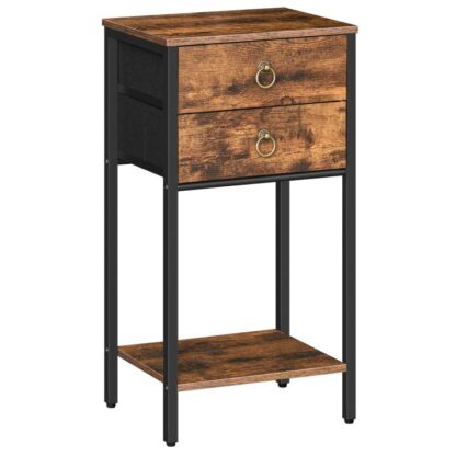Mesa auxiliar con 2 Cajones de tela y estante de almacenamiento, Mesita de noche industrial, 23.6 Mesa auxiliar en pulgadas de altura, Mesita de noche para salón dormitorio, Marrón rústico y negro.