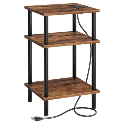 endebord med ladestation, Høj sidebord, 3-Lagstable natbord, 23.2 inches stabil slutbord til lille plads i soveværelset, stue, Industriel stil, Rustik brun