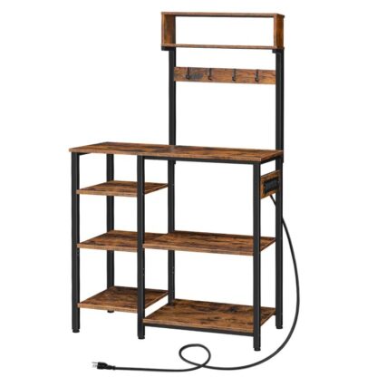 Bakers Rack mat Power Outlet, 35.4 Zoll Mikrowelle stoen mat 4 Haken, 6 Tiers Kichen Späicherplang Rack, Kaffibstäscht, rustikal brong a schwaarz