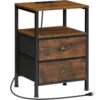 Nightstand with Charging Station, Bedside Table with 2 Fabric Drawers, Side Table with Outlet and USB Ports, End Table with Open and Hidden Storage, Rustic Brown