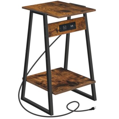 Table de bout avec station de recharge et ports USB, 2-Table de chevet à niveaux avec étagère de rangement, Table d'appoint étroite pour petit espace, Salon, Chambre à coucher, Brun rustique et noir