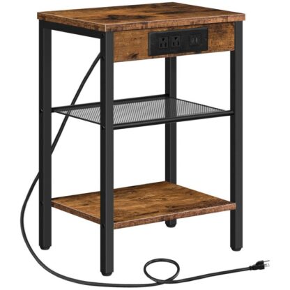 end table with charging station and usb ports, 3-tier nightstand with adjustable shelf, narrow side table for small space in living room, bedroom and balcony, rustic brown