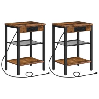 Juego de mesa auxiliar de 2 con estación de carga y puertos USB, 3-Mesitas de noche de niveles con estante ajustable, Mesa auxiliar estrecha para espacios pequeños en la sala de estar, Dormitorio y Balcón, Marrón rústico