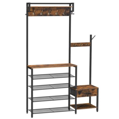 Salber Grëff, Entrée Mantel Rack Schongbänk, Schong a Mantelrack fir Entrée, Hall Tarn Mantel Rack, mat net-gewéckte Stoffzuch, fir Entrée, Foyer, rustikal brong a schwaarz