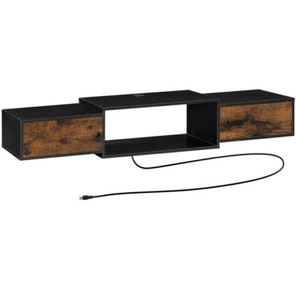 floating tv stand with power outlet 55", TV Depolama Altında Modern Duvara Bağlı Medya Konsolu Raf Dolabı, eğlence merkezi, oturma odası, yatak odası, Rustik kahverengi ve siyah