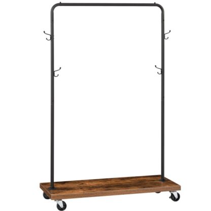 stojan na oblečenie, Rolling Clother Rack s blokovacími kolesami, organizátor ťažkých odevov, 4 háčiky, drevená skladovacia polica, na zavesenie oblečenia, rustikálny hnedý a čierny