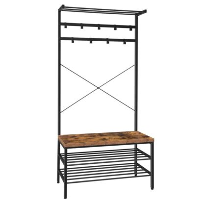 stort frakkstativ, 3-In-1Entryway Hall Tree, Skobenk med 9 bevegelige kroker, Stand lagringshyller, Stabil metallramme, Enkel montering, industriell, rustikk brun og svart