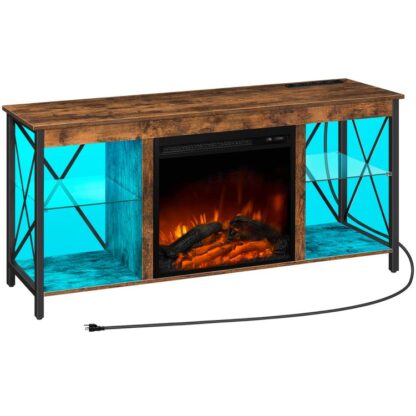 TV krbový stojan s LED světly a vývody napájení, Dřevěné mediální zábavní centrum konzole se skleněnými policemi, fireplace tv console for tvs up to 55", rustikální hnědá
