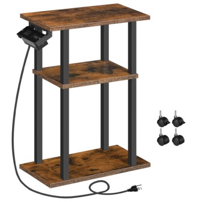 Liten smal sidebord med ladestasjon, Skinny endebord for små rom, Slankt nattbord med USB-porter og uttak, Sofa ved siden av bord på hjul for stue
