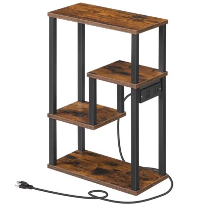 Schmaler Beistelltisch mit Ladestation, Beistelltisch mit Leiterregal für kleine Räume, Nachttisch mit Steckdose und USB-Anschlüssen, Nachttisch für Wohnzimmer, Greige und Schwarz
