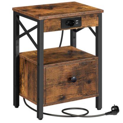 Bedside table with charging station, Tábla taobh le tarraiceán fillte, Tábla cois leapa le calafoirt agus soicéad USB, Tábla cois leapa don seomra leapa, seanré donn-dubh