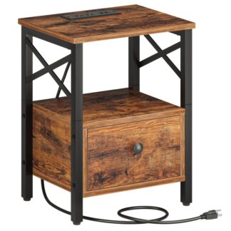 nightstand with charging station, end table with drawer, usb ports and power outlets, farmhouse nightstand bedside table for bedroom, space saving, rustic brown