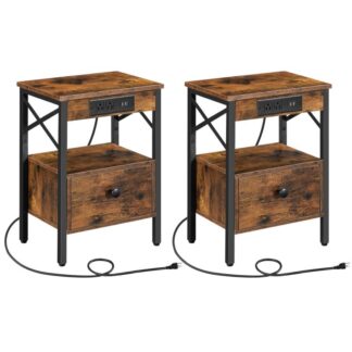 nightstands set of 2 with charging station, end table with drawer, usb ports and power outlets, farmhouse nightstand sofa table for bedroom, space saving, rustic brown and black